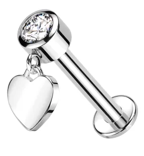 14kt White Gold Dangle Heart Clear CZ Internally Threaded Labret