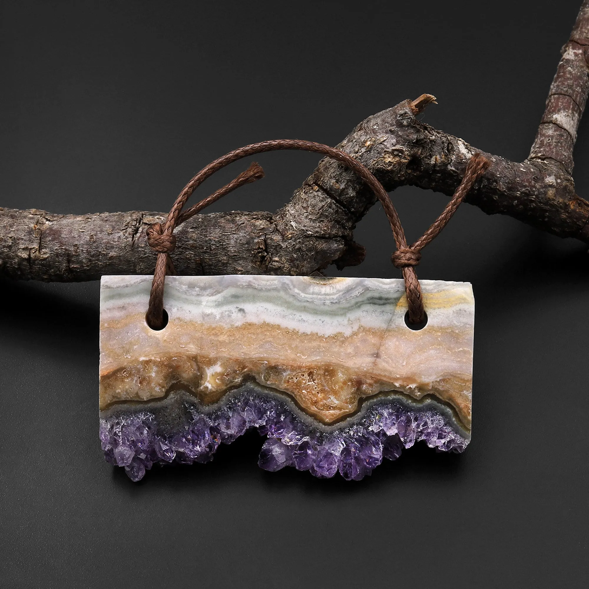 2 Hole Pendant Natural Green Purple Amethyst Stalactite Rectangle Pendant Flat Slice Freeform One of a Kind P0219