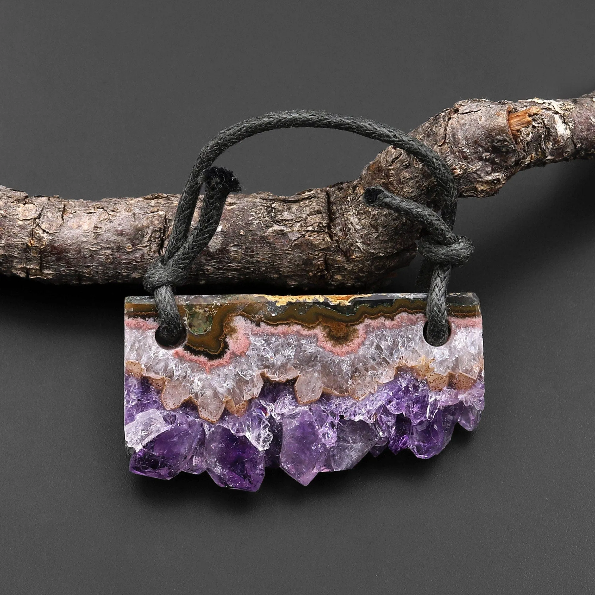 2 Hole Pendant Natural Purple Amethyst Stalactite Druzy Pendant Drilled Flat Slice Long Rectangle A2