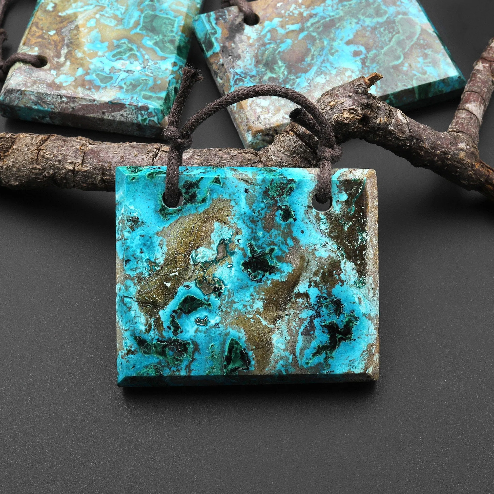 2 Hole Pendant Natural Shattuckite from Congo Malachite Chrysocolla Azurite Faceted Rectangle Gemstone A4