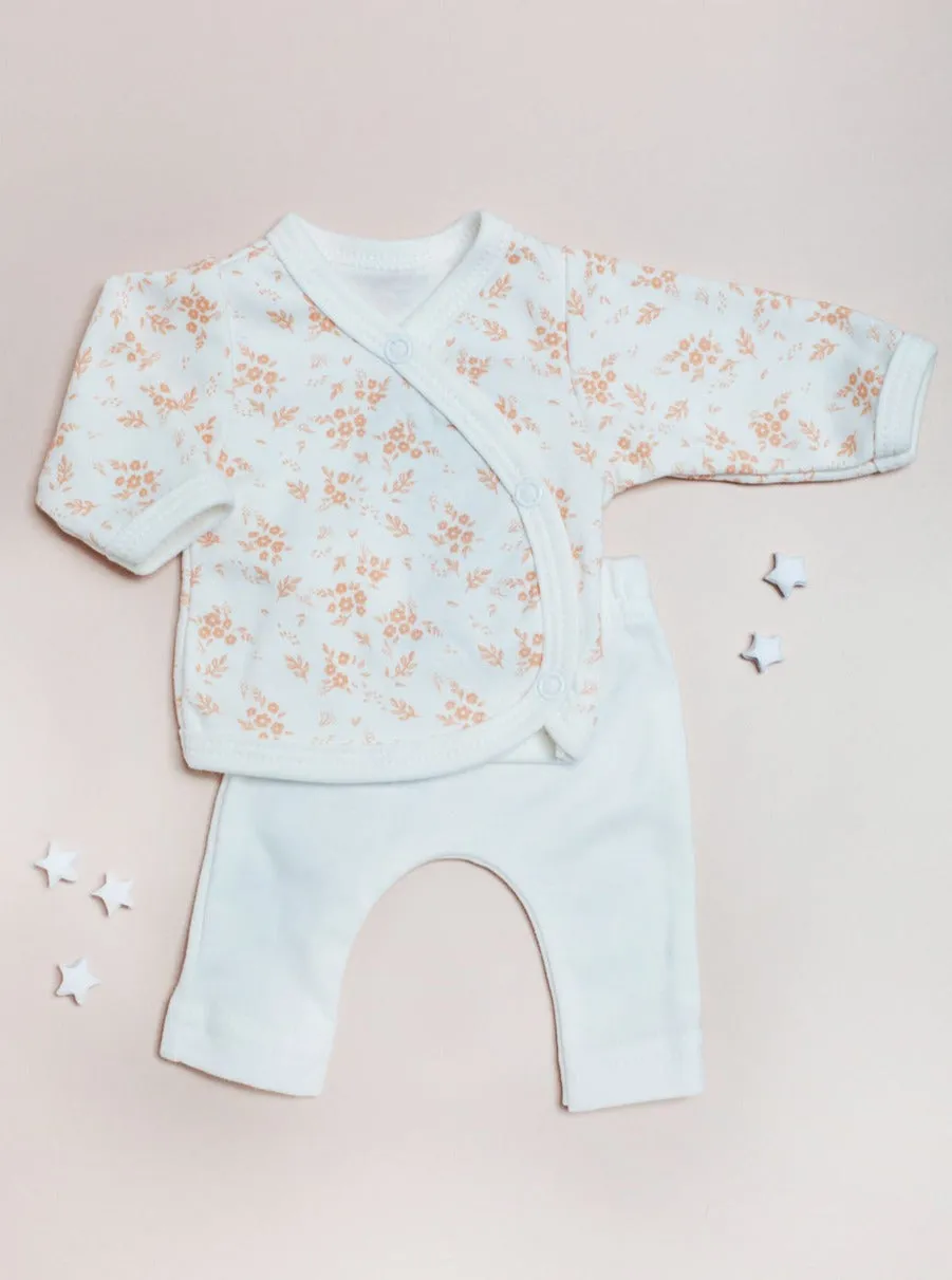 2 piece wrap top & trouser set, Apricot Floral , Organic Cotton