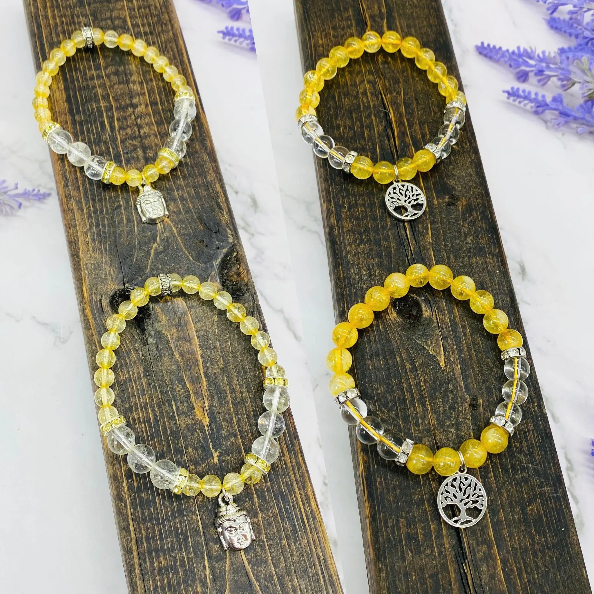 8 mm Citrine Bracelet with Charms, Quartz with Citrine, Tree of Life Bracelet, Citrine with Buddha Jewelry,  Stretch Bracelet, Gift for Her