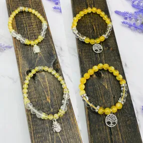 8 mm Citrine Bracelet with Charms, Quartz with Citrine, Tree of Life Bracelet, Citrine with Buddha Jewelry,  Stretch Bracelet, Gift for Her