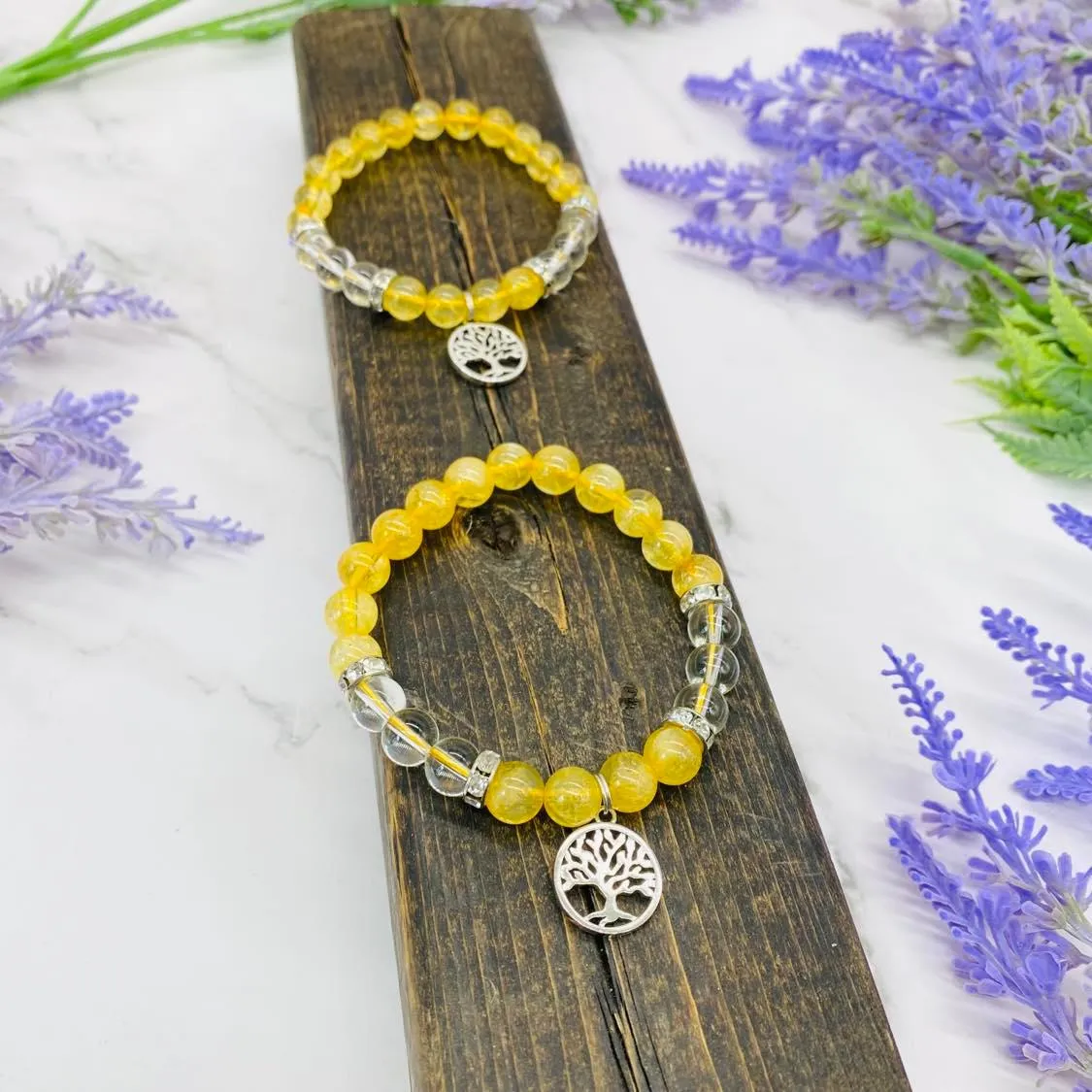 8 mm Citrine Bracelet with Charms, Quartz with Citrine, Tree of Life Bracelet, Citrine with Buddha Jewelry,  Stretch Bracelet, Gift for Her