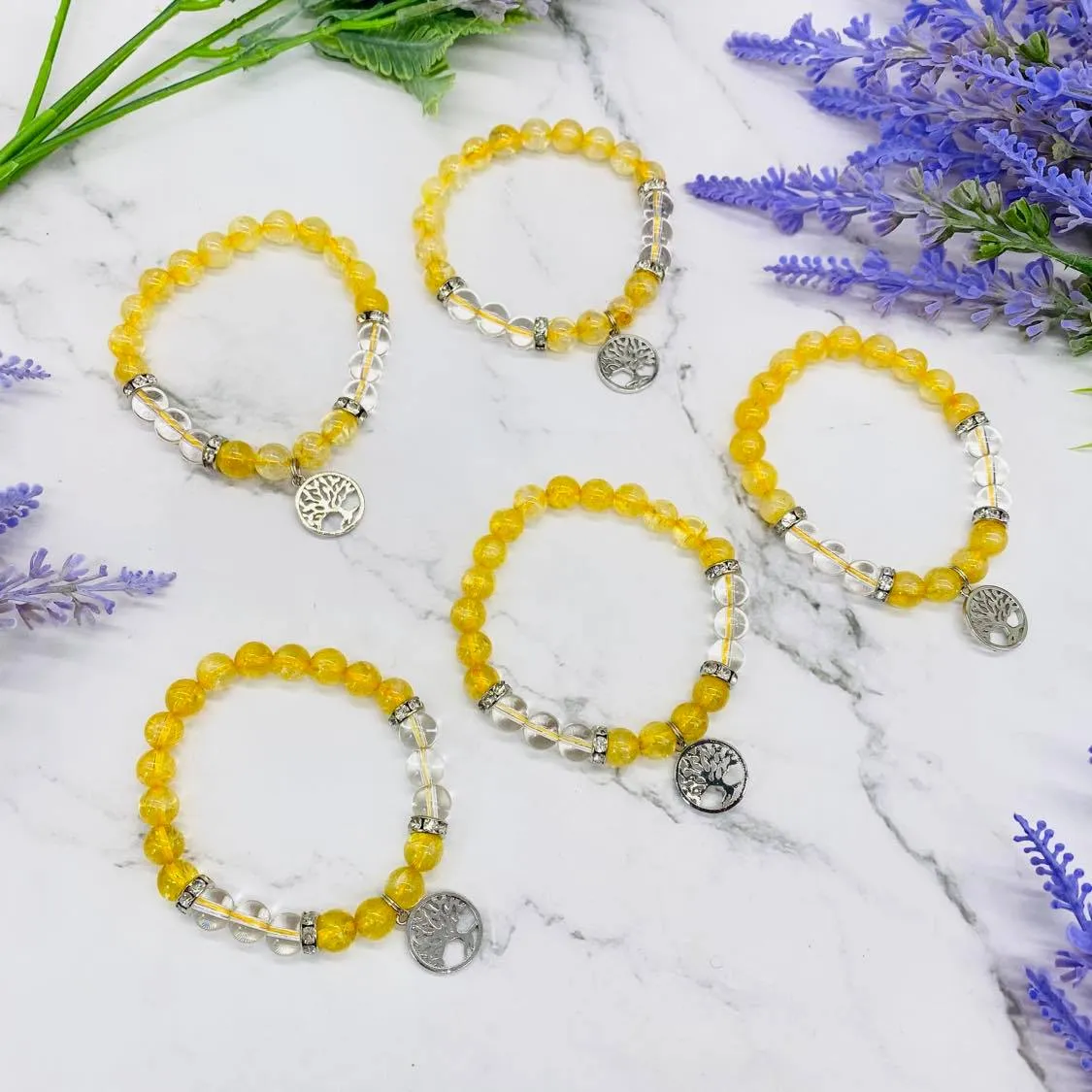 8 mm Citrine Bracelet with Charms, Quartz with Citrine, Tree of Life Bracelet, Citrine with Buddha Jewelry,  Stretch Bracelet, Gift for Her