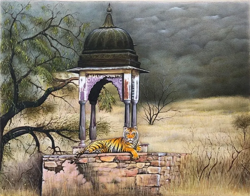 A Calm Tiger in Miniature Painting by Mohan Prajapati