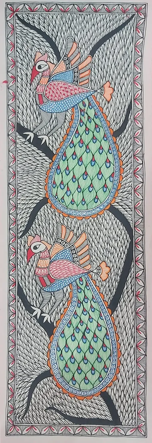 A Pair of Peacocks in Madhubani by Priti Karn