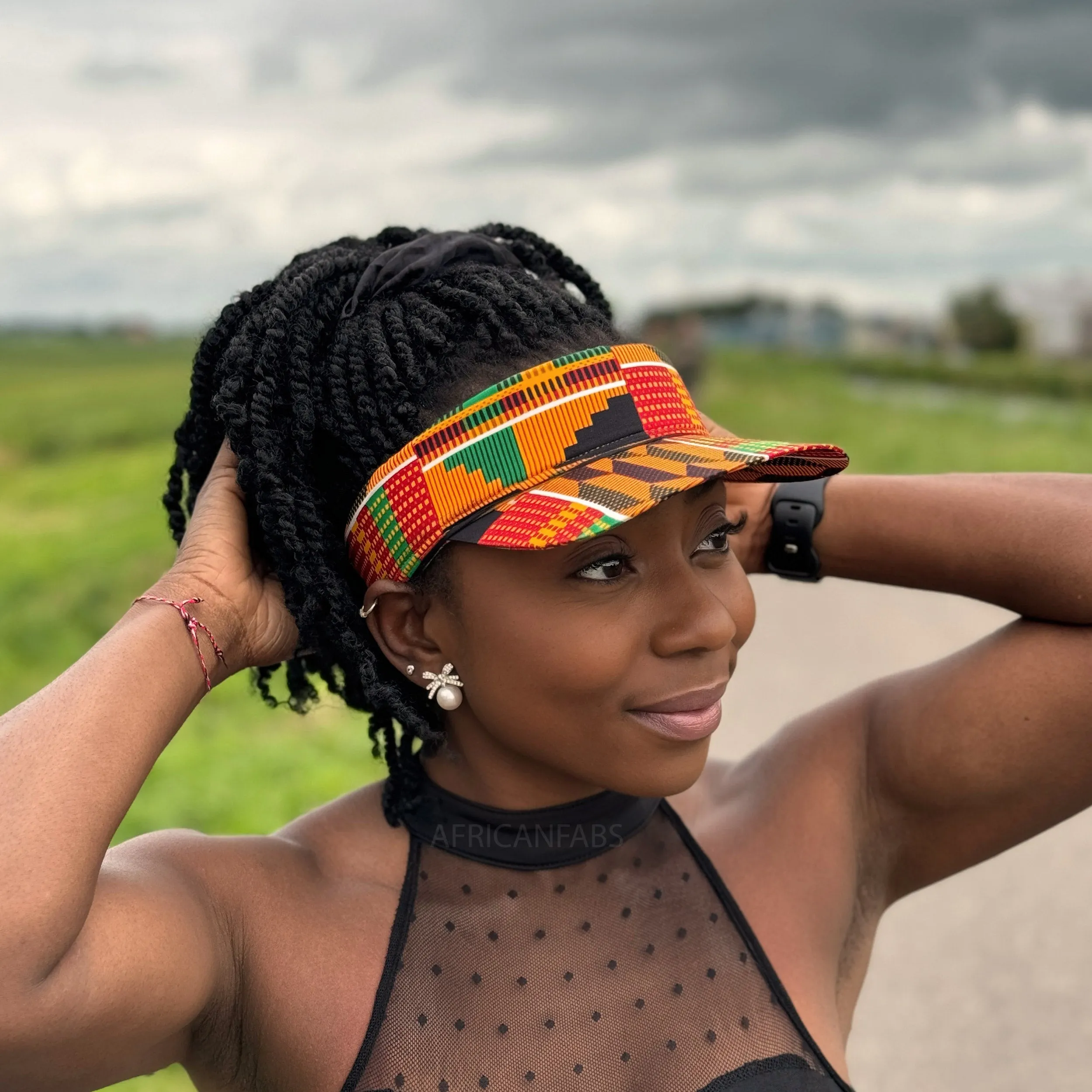 African print Sun visor cap - Orange / green Kente