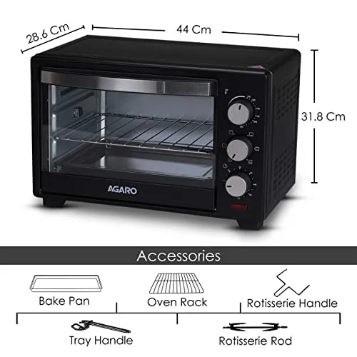 AGARO Marvel Oven Toaster Grill With Motorized Rotisserie&5 Heating Modes (Black,25 Litres),1600 Watts,25 Liter