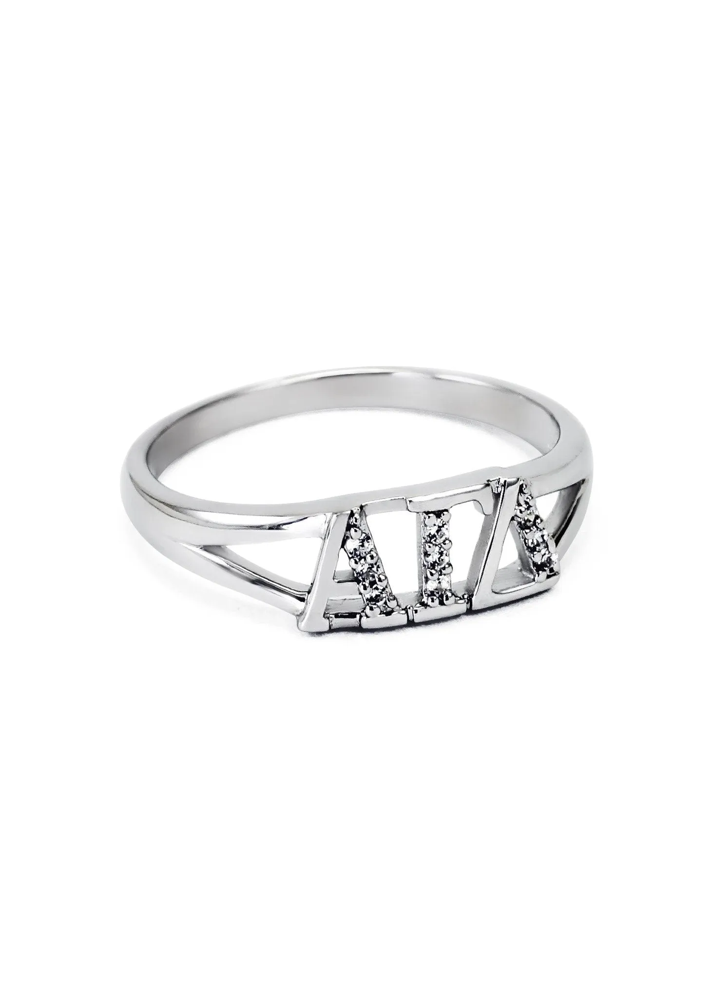 Alpha Gamma Delta Sterling Silver Ring with Simulated Diamonds