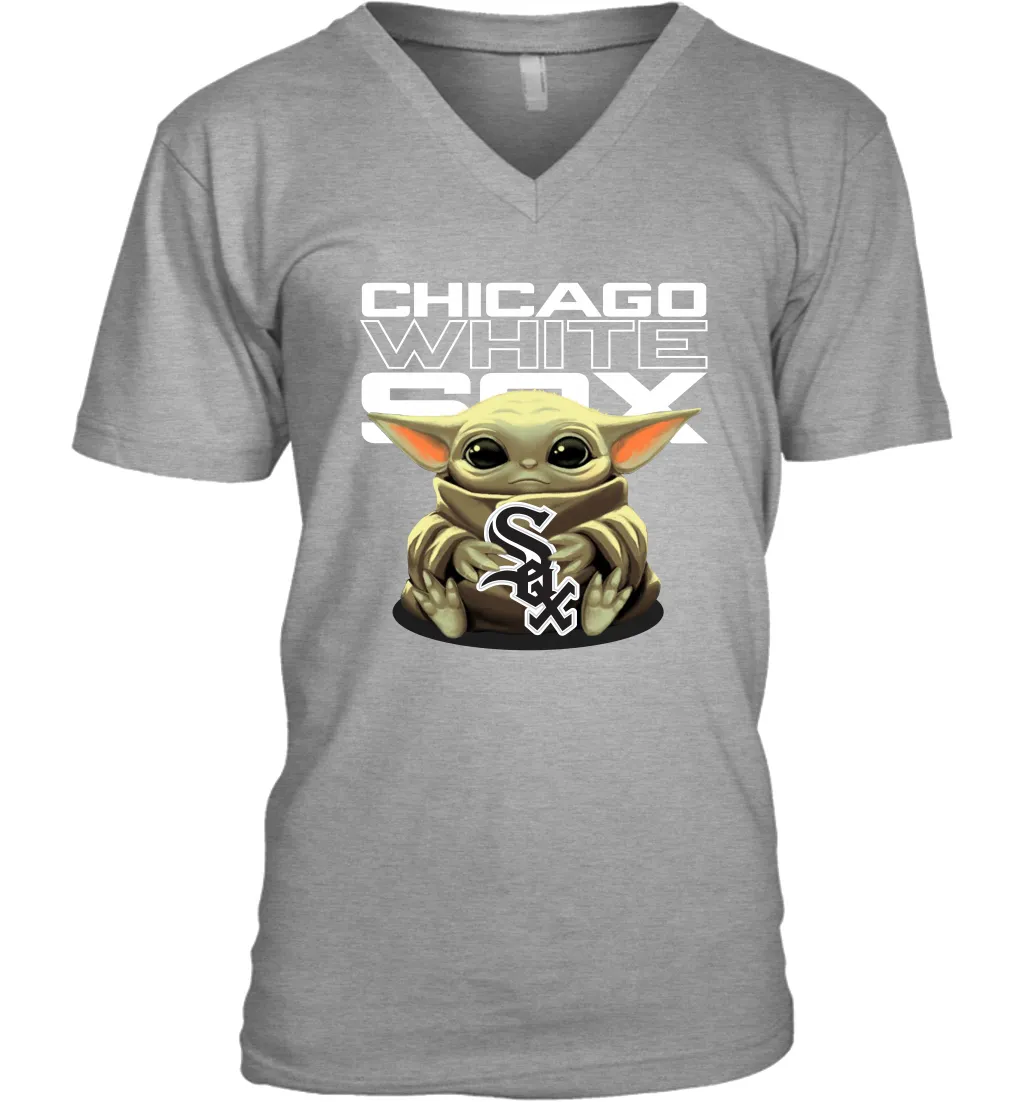 Baby Yoda Hugs Loves The Chicago White Sox Baseball Mens V-Neck T-Shirt