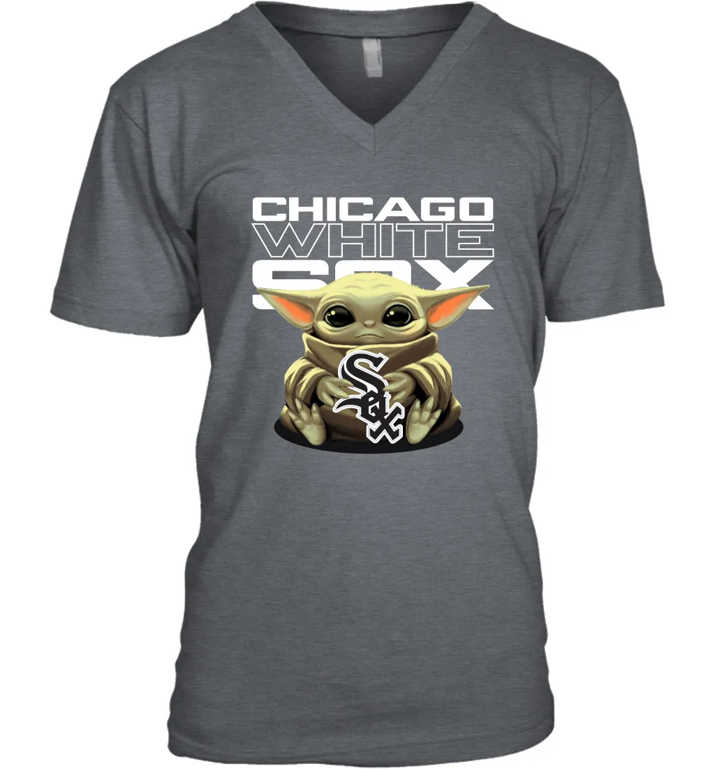 Baby Yoda Hugs Loves The Chicago White Sox Baseball Mens V-Neck T-Shirt