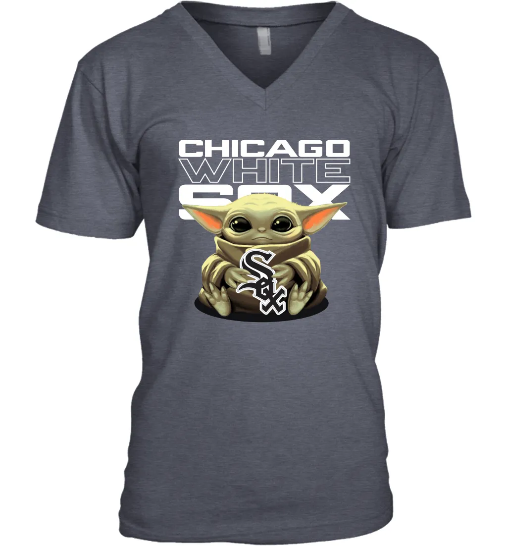 Baby Yoda Hugs Loves The Chicago White Sox Baseball Mens V-Neck T-Shirt