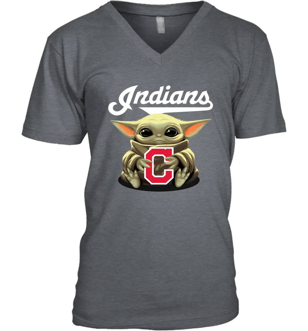 Baby Yoda Hugs Loves The Cleveland Indians Baseball Mens V-Neck T-Shirt