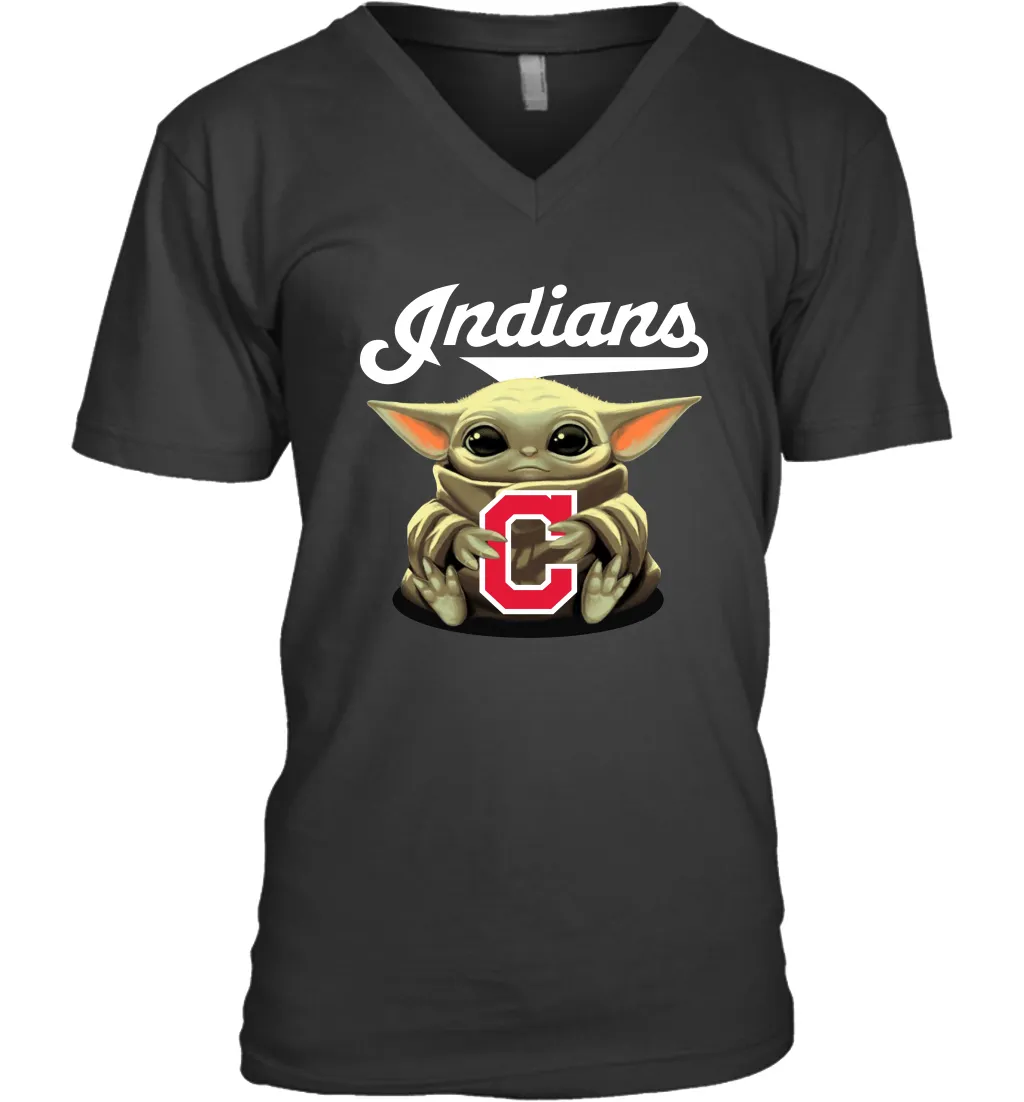 Baby Yoda Hugs Loves The Cleveland Indians Baseball Mens V-Neck T-Shirt