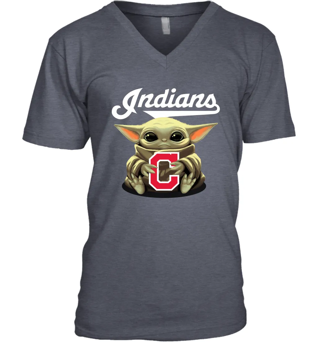 Baby Yoda Hugs Loves The Cleveland Indians Baseball Mens V-Neck T-Shirt