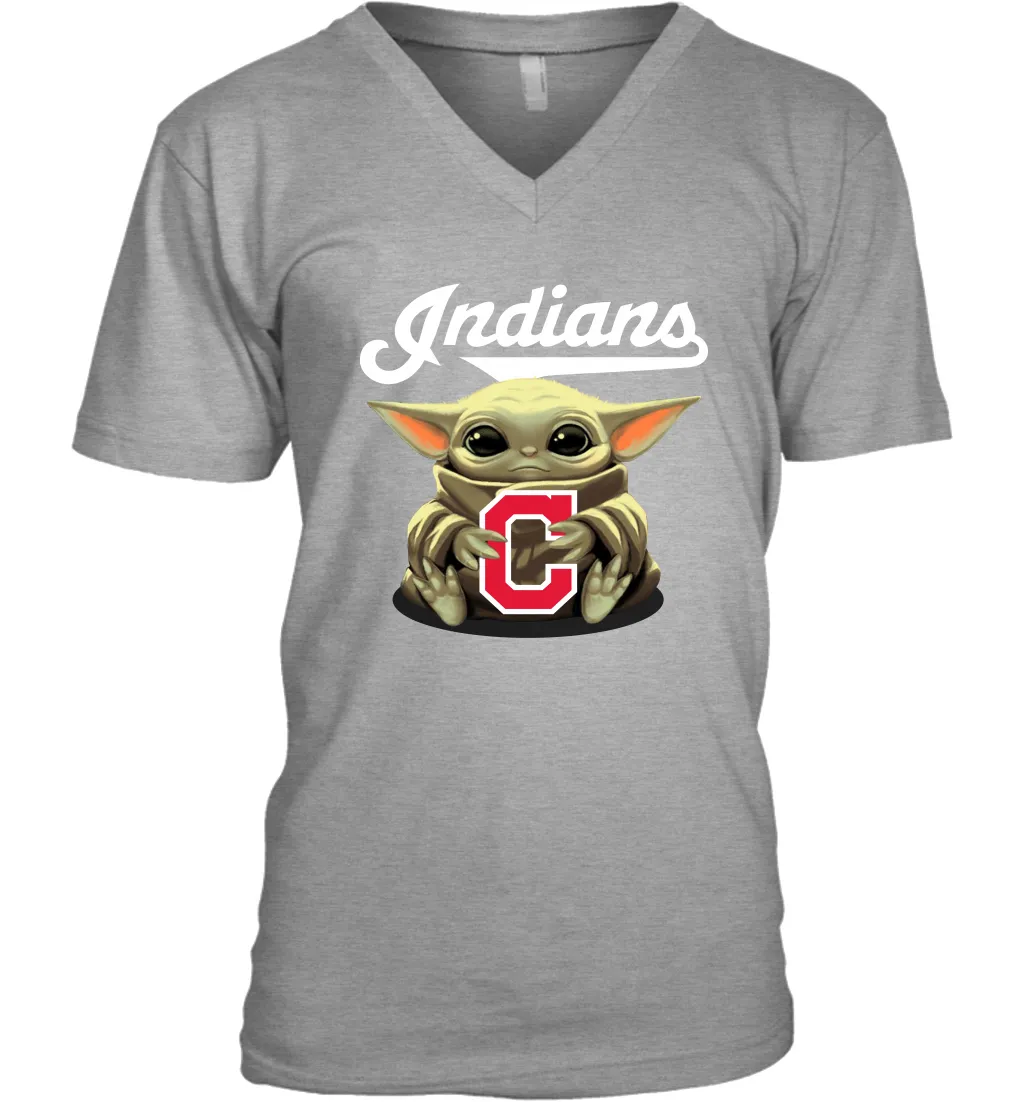 Baby Yoda Hugs Loves The Cleveland Indians Baseball Mens V-Neck T-Shirt