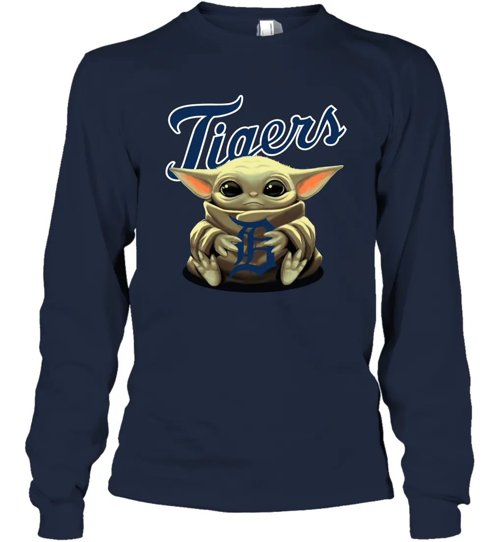 Baby Yoda Hugs Loves The Detroit Tigers Baseball Adult Long Sleeve T-Shirt