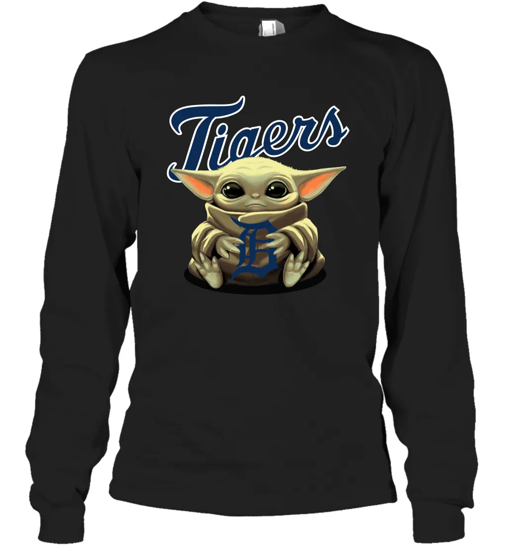 Baby Yoda Hugs Loves The Detroit Tigers Baseball Adult Long Sleeve T-Shirt