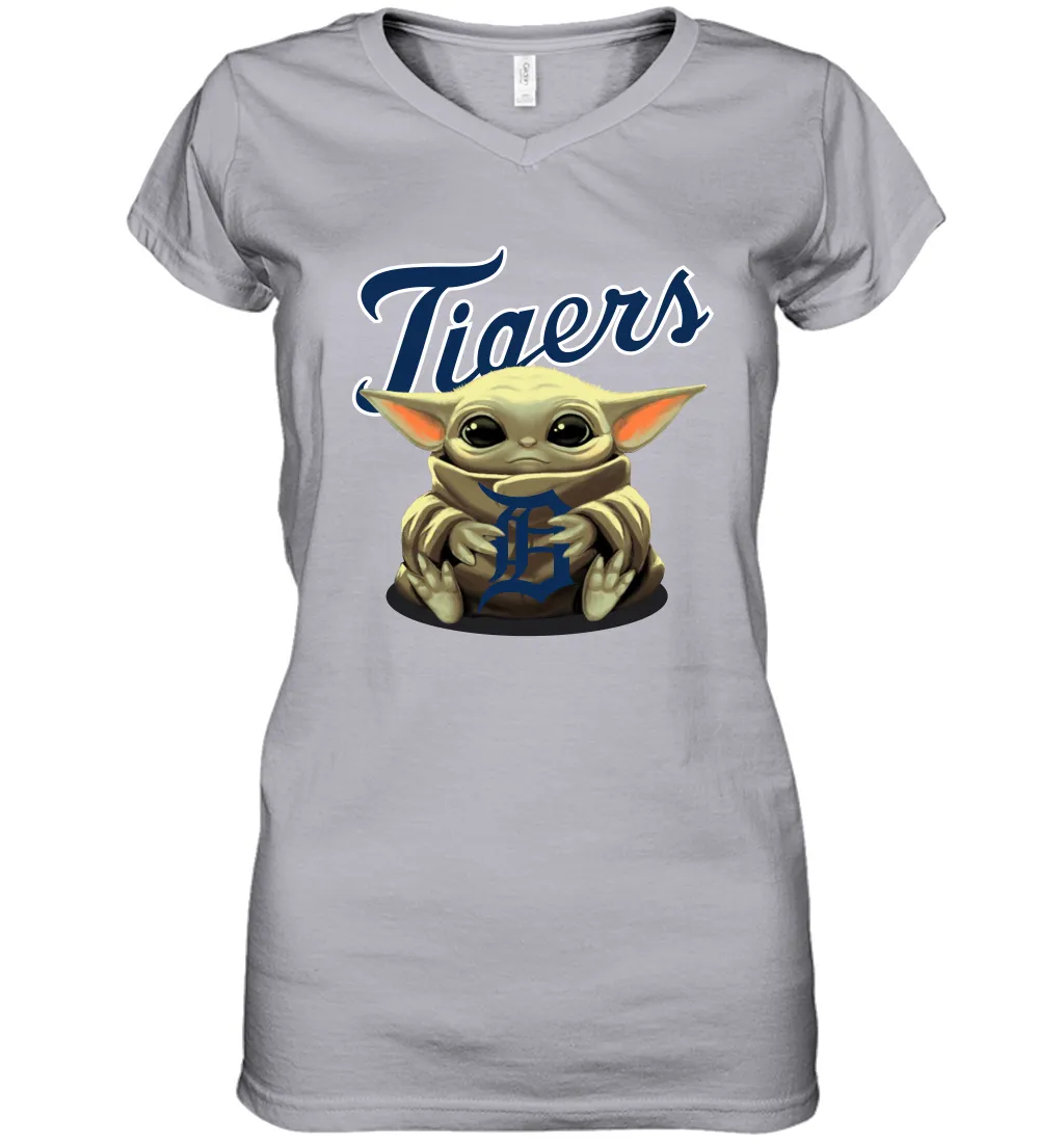 Baby Yoda Hugs Loves The Detroit Tigers Baseball Womens V-Neck T-Shirt