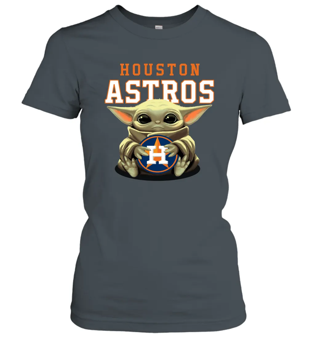 Baby Yoda Hugs Loves The Houston Astros Baseball Womens T-Shirt