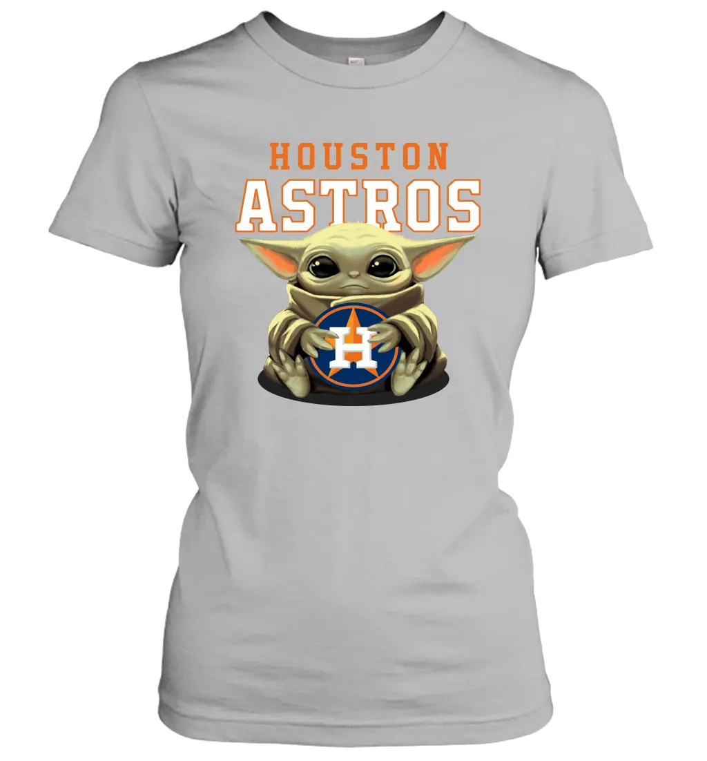 Baby Yoda Hugs Loves The Houston Astros Baseball Womens T-Shirt