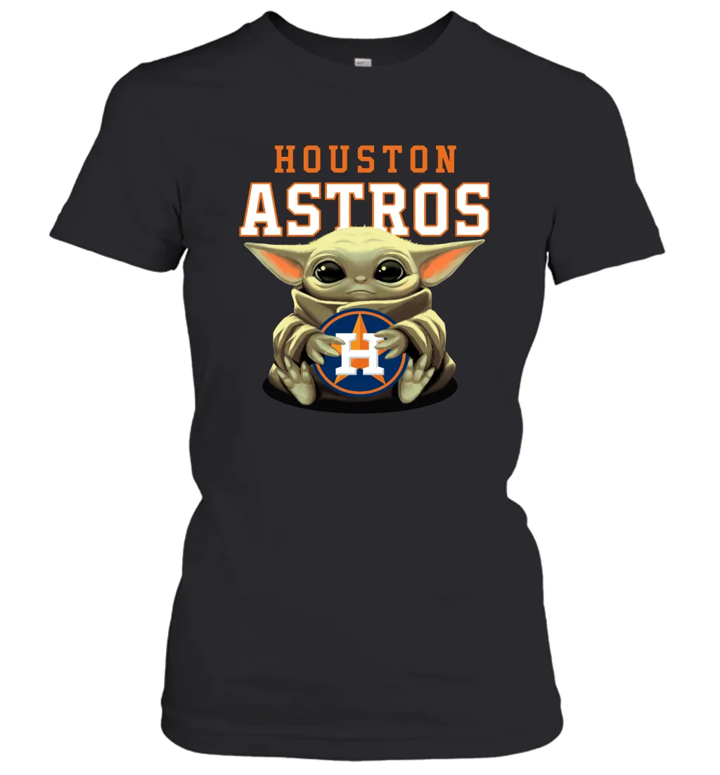 Baby Yoda Hugs Loves The Houston Astros Baseball Womens T-Shirt