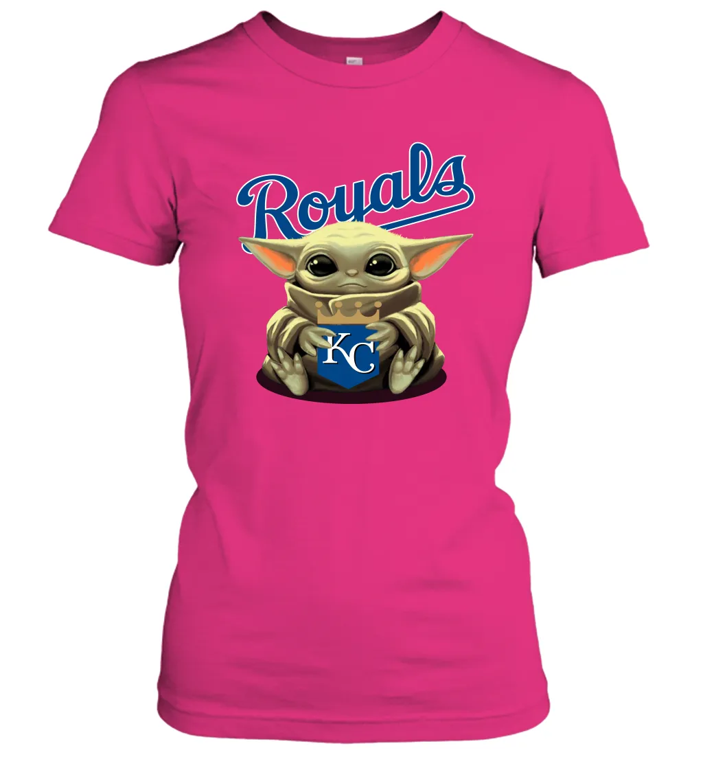 Baby Yoda Hugs Loves The Kansas City Royals Baseball Womens T-Shirt