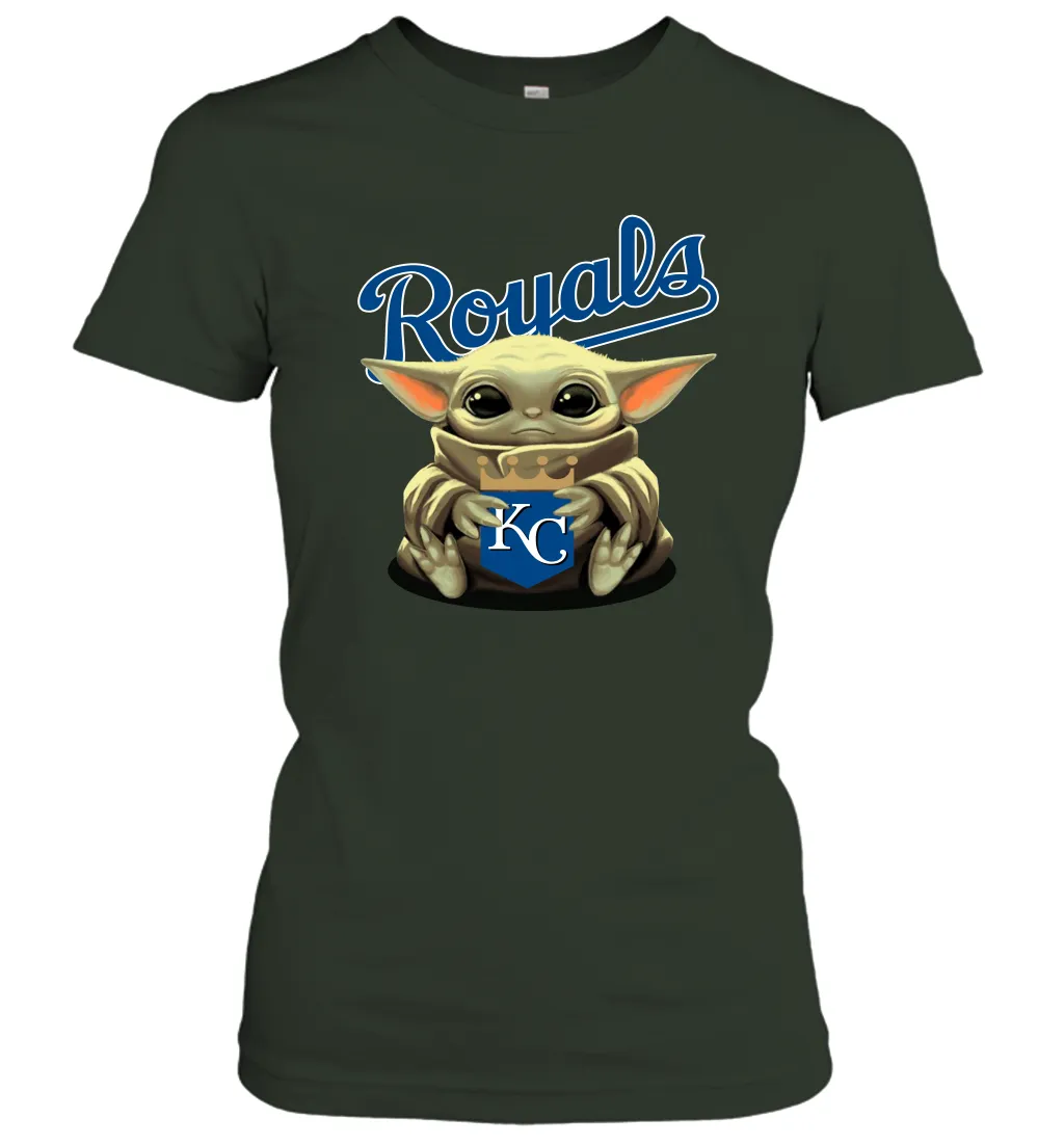 Baby Yoda Hugs Loves The Kansas City Royals Baseball Womens T-Shirt