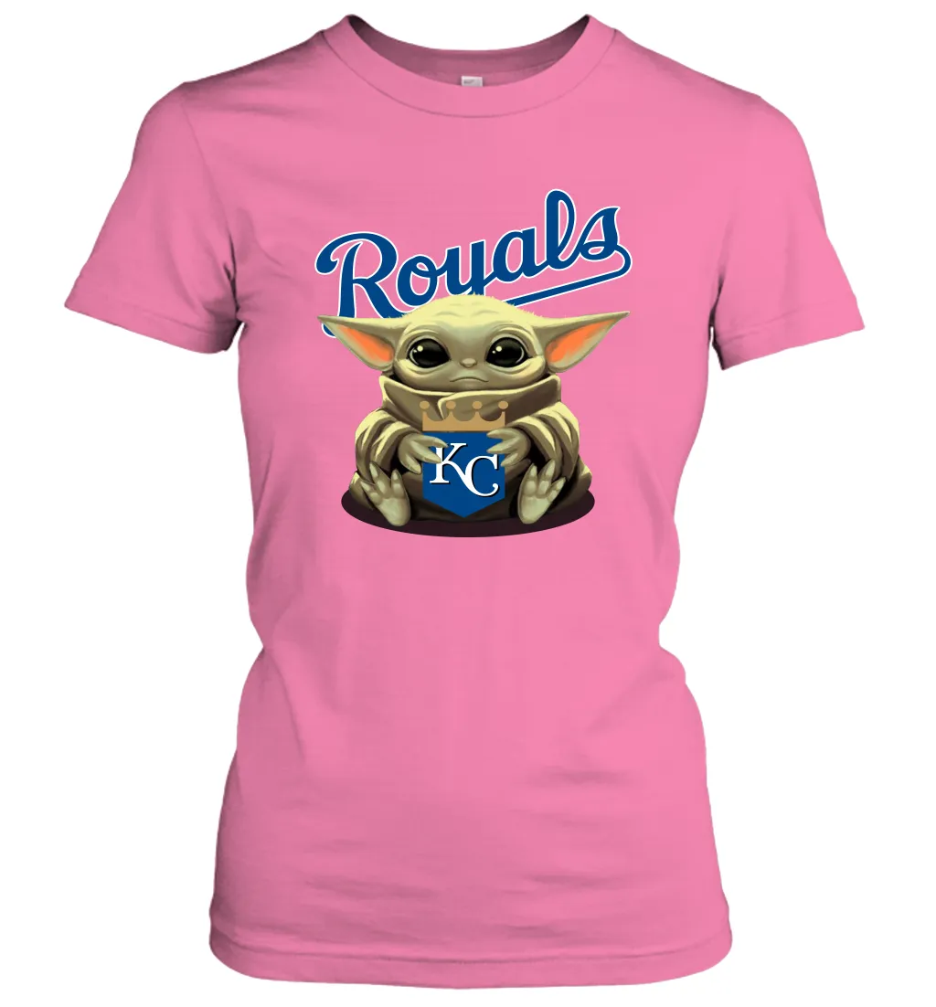 Baby Yoda Hugs Loves The Kansas City Royals Baseball Womens T-Shirt