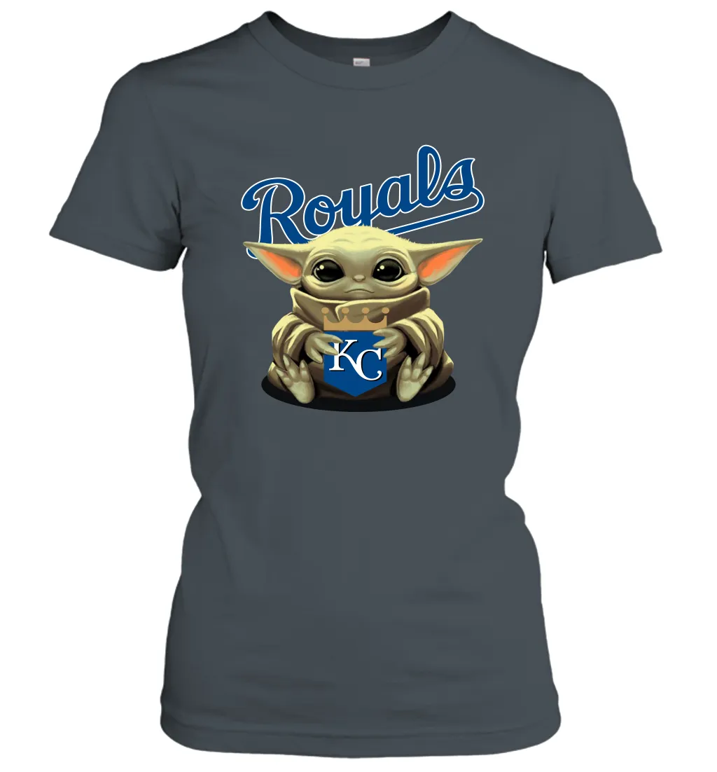 Baby Yoda Hugs Loves The Kansas City Royals Baseball Womens T-Shirt