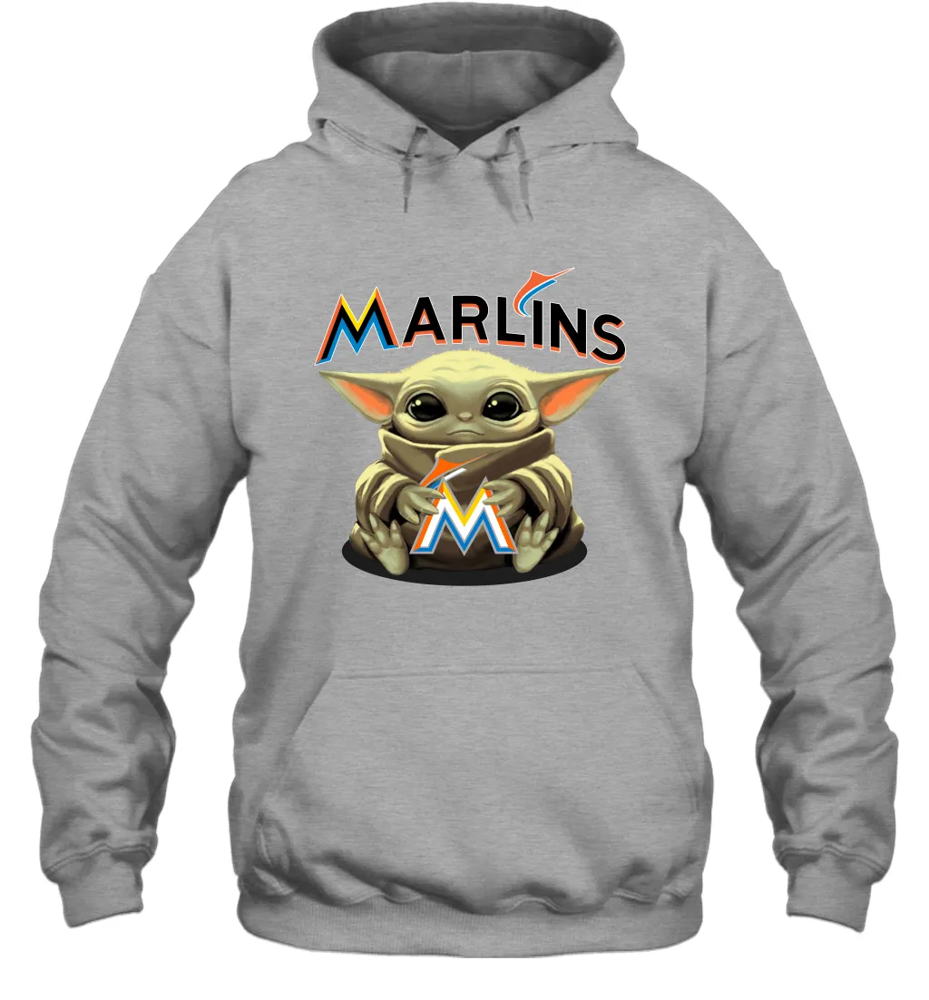 Baby Yoda Hugs Loves The Miami Marlins Baseball Adult Hoodie Sweatshirt