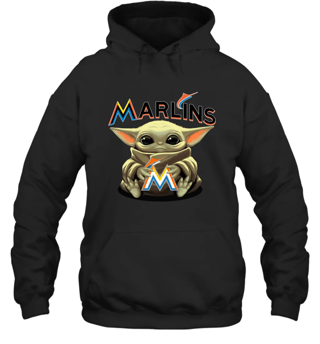 Baby Yoda Hugs Loves The Miami Marlins Baseball Adult Hoodie Sweatshirt