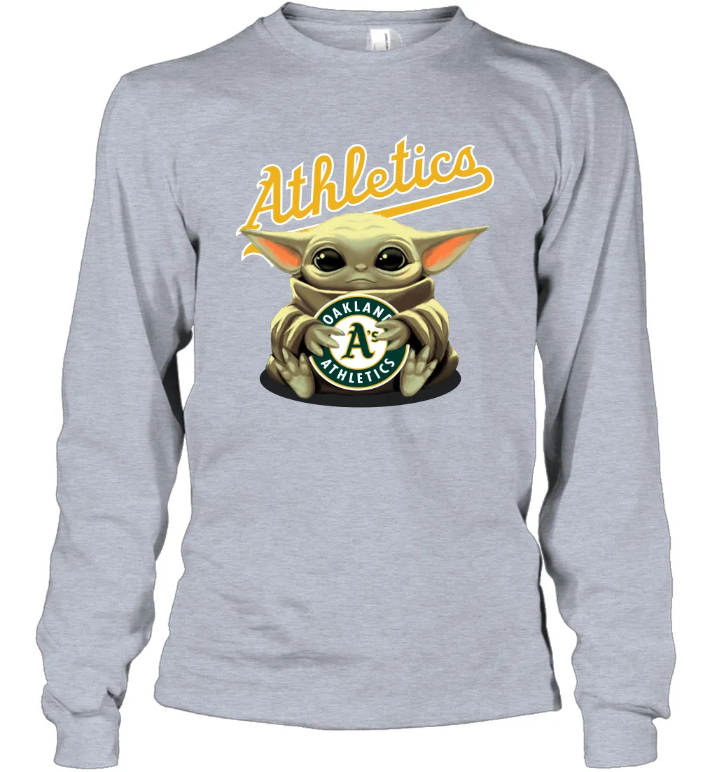 Baby Yoda Hugs Loves The Oakland Athletics Baseball Adult Long Sleeve T-Shirt