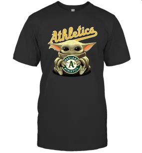 Baby Yoda Hugs Loves The Oakland Athletics Baseball Mens T-Shirt