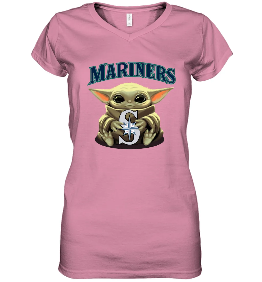 Baby Yoda Hugs Loves The Seattle Mariners Baseball Womens V-Neck T-Shirt