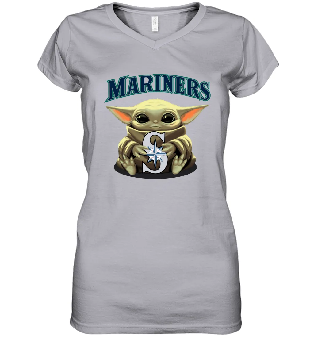 Baby Yoda Hugs Loves The Seattle Mariners Baseball Womens V-Neck T-Shirt