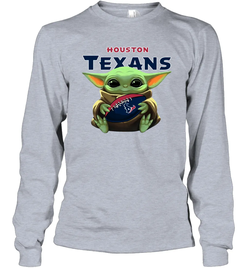 Baby Yoda Loves The Houston Texans Star Wars Baby Yoda Hugs Texans NFL Adult Long Sleeve T-Shirt