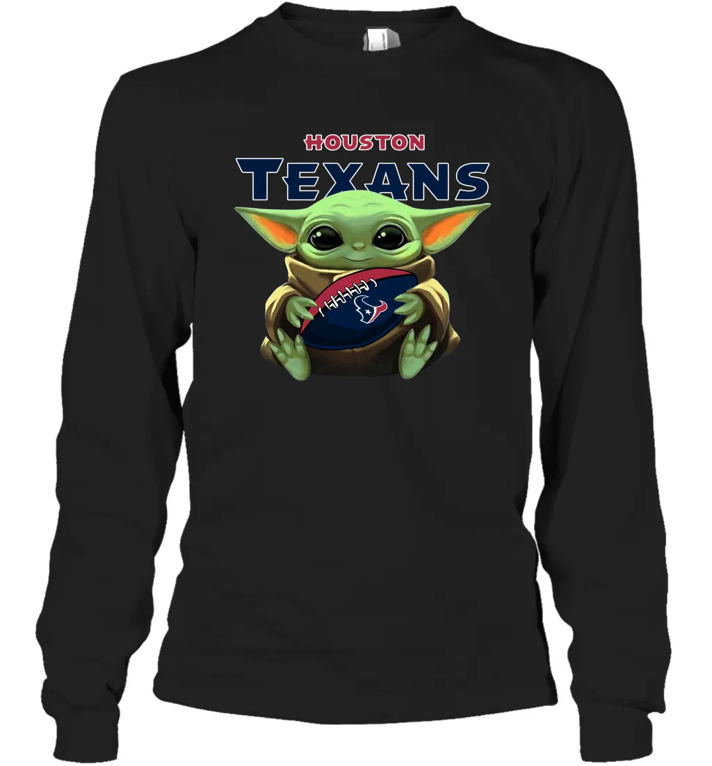 Baby Yoda Loves The Houston Texans Star Wars Baby Yoda Hugs Texans NFL Adult Long Sleeve T-Shirt