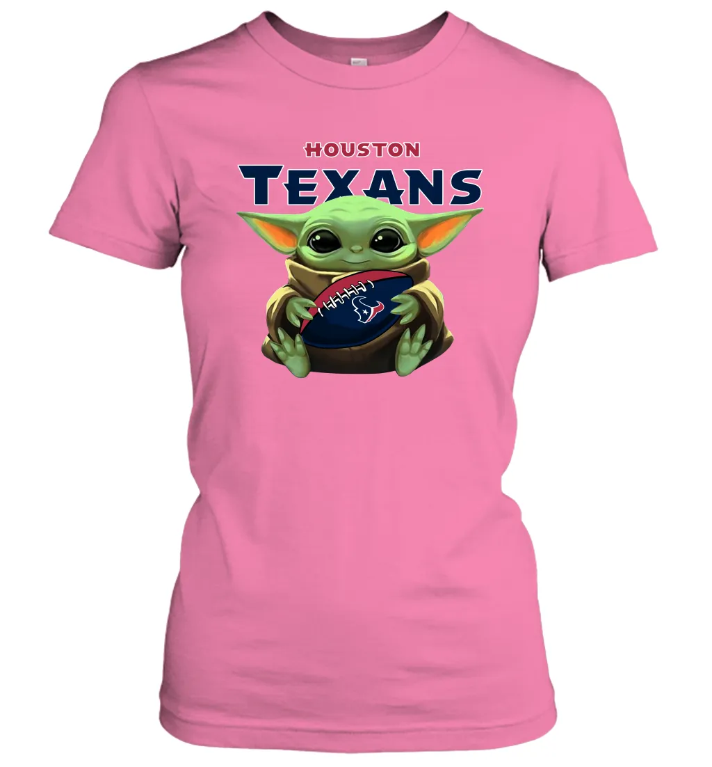 Baby Yoda Loves The Houston Texans Star Wars Baby Yoda Hugs Texans NFL Womens T-Shirt