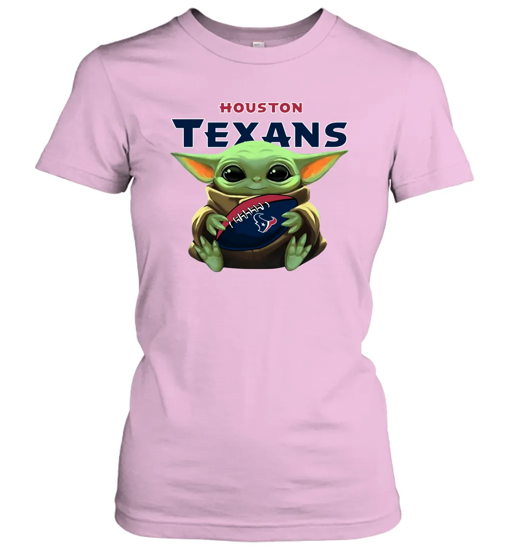 Baby Yoda Loves The Houston Texans Star Wars Baby Yoda Hugs Texans NFL Womens T-Shirt