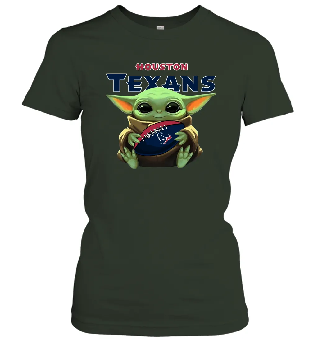 Baby Yoda Loves The Houston Texans Star Wars Baby Yoda Hugs Texans NFL Womens T-Shirt