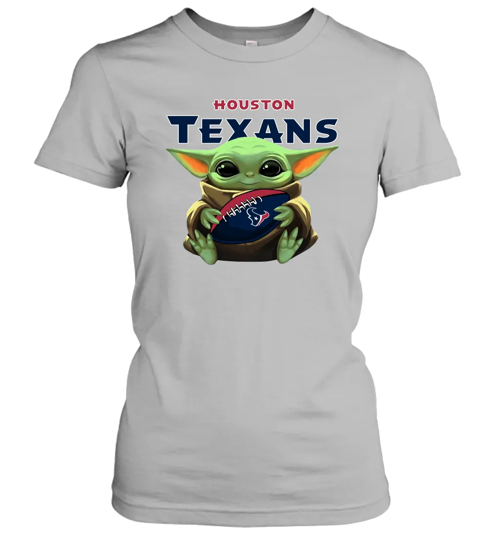 Baby Yoda Loves The Houston Texans Star Wars Baby Yoda Hugs Texans NFL Womens T-Shirt