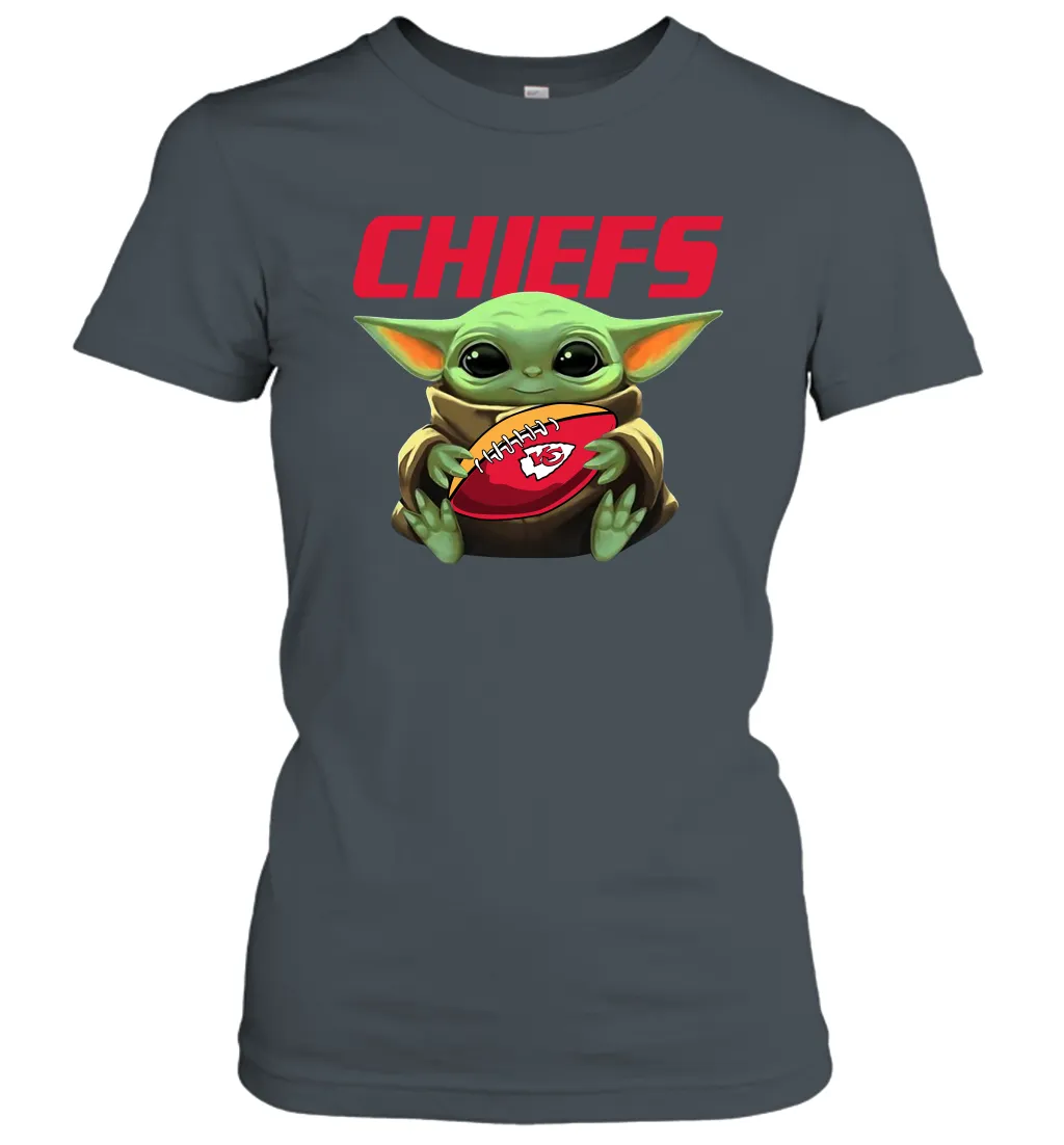 Baby Yoda Loves The Kansas City Chiefs Star Wars Baby Yoda Hugs Chiefs NFL Womens T-Shirt