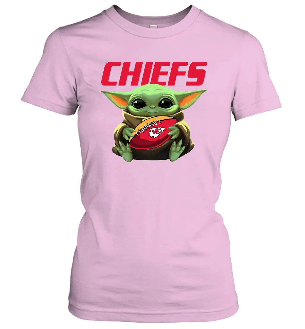 Baby Yoda Loves The Kansas City Chiefs Star Wars Baby Yoda Hugs Chiefs NFL Womens T-Shirt