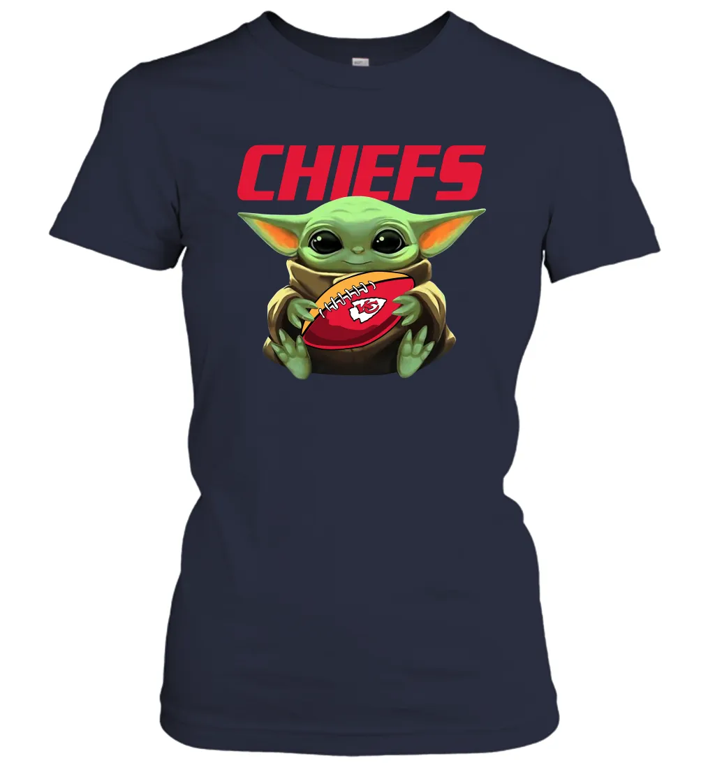 Baby Yoda Loves The Kansas City Chiefs Star Wars Baby Yoda Hugs Chiefs NFL Womens T-Shirt