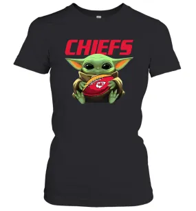 Baby Yoda Loves The Kansas City Chiefs Star Wars Baby Yoda Hugs Chiefs NFL Womens T-Shirt