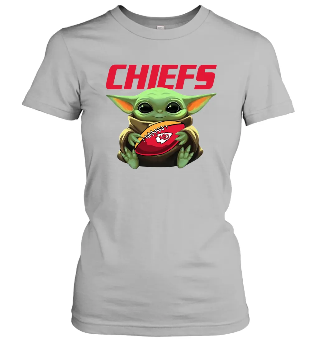 Baby Yoda Loves The Kansas City Chiefs Star Wars Baby Yoda Hugs Chiefs NFL Womens T-Shirt