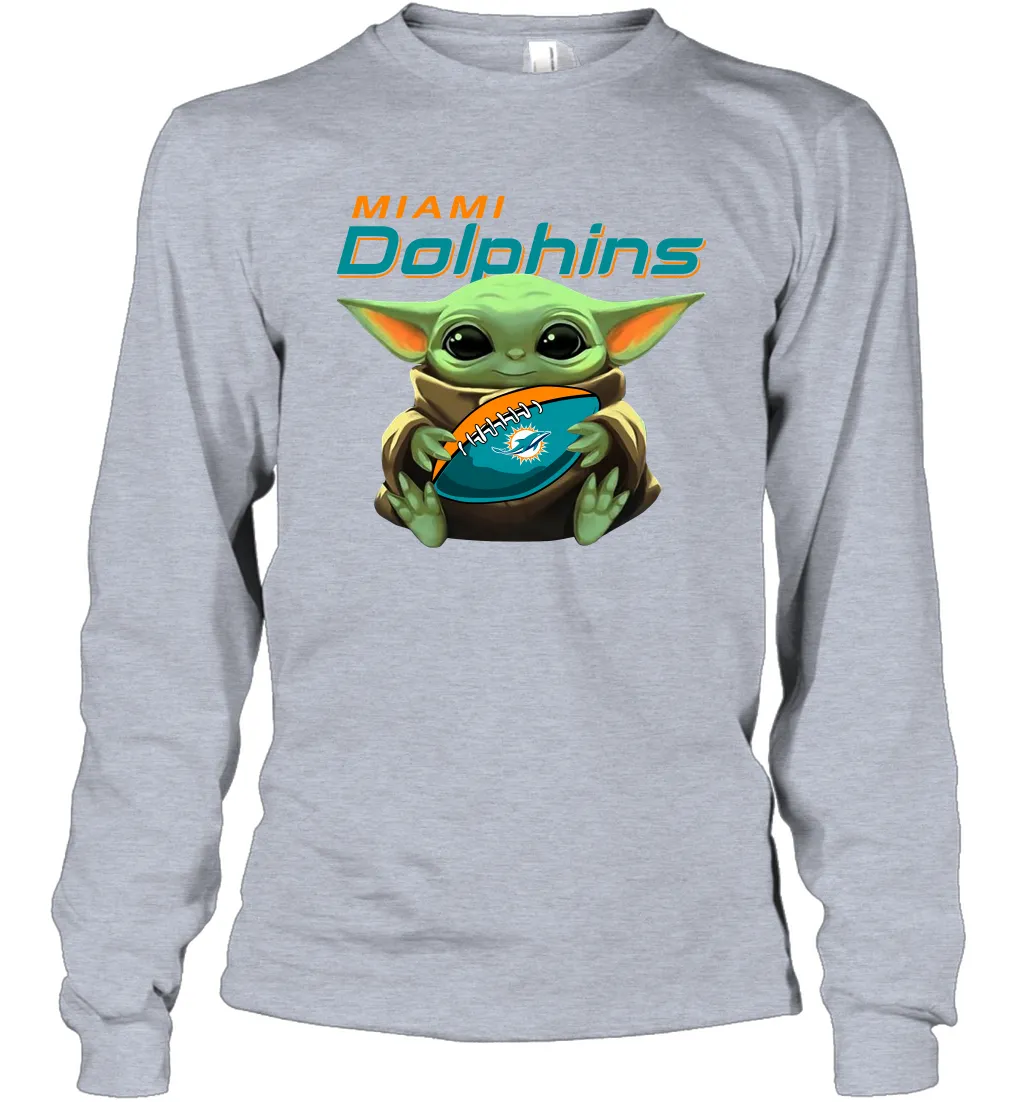 Baby Yoda Loves The Miami Dolphins Star Wars Baby Yoda Hugs Dolphins NFL Adult Long Sleeve T-Shirt