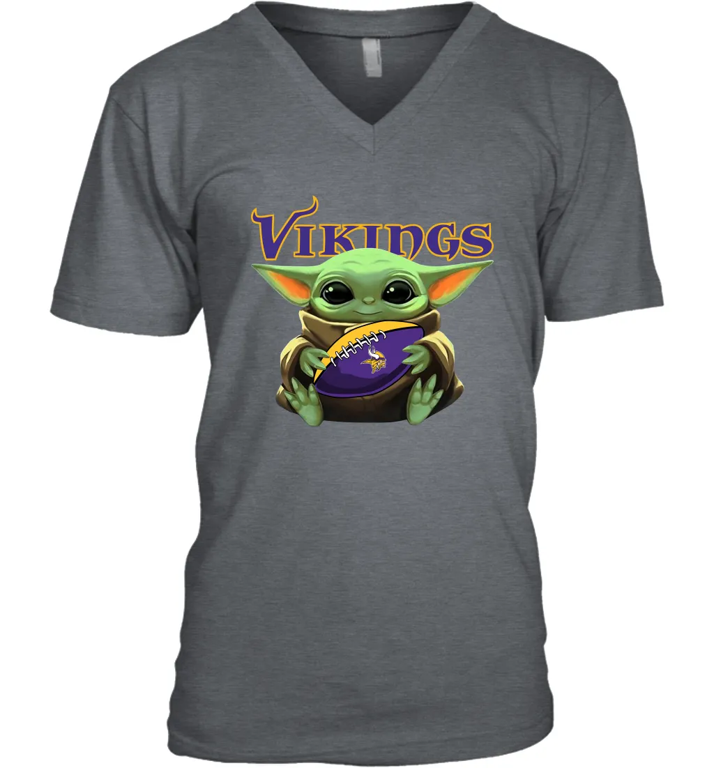 Baby Yoda Loves The Minnesota Vikings Star Wars Baby Yoda Hugs Vikings NFL Mens V-Neck T-Shirt